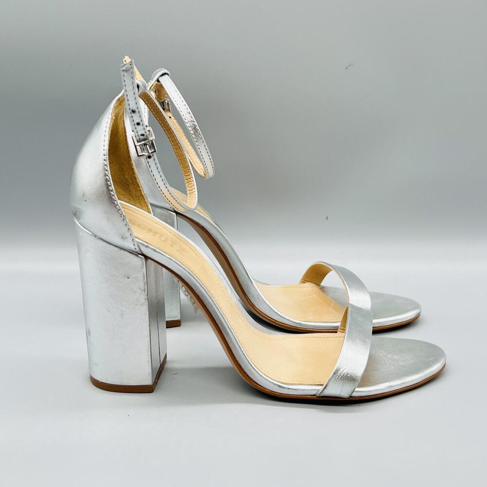 Schutz Sandals Womens 11 Silver Leather Strappy Ankle Strap Block Heel Shoes